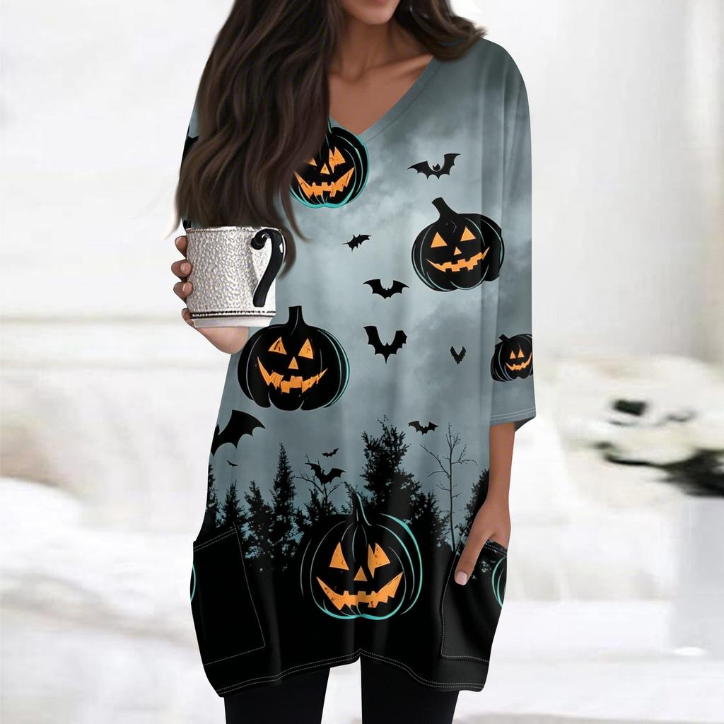 Women's Casual Halloween Print V Neck Tunic Top 3/4 Sleeve Mid Length with Pockets Lightweight Soft Fabric Relaxed Fit
