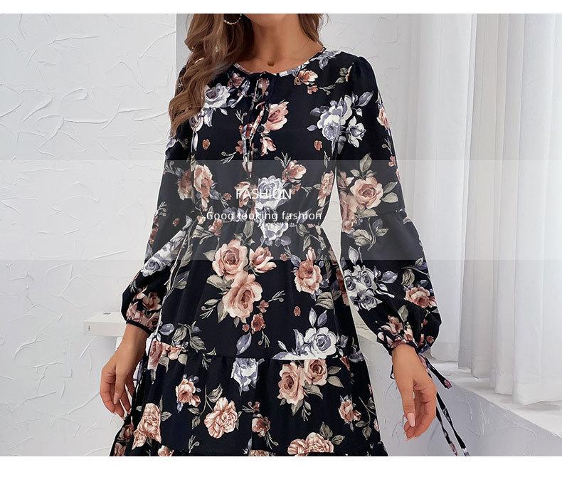 Frühling 2025 Europäisches & Amerikanisches Damen Rundhals Langarm Krawattenmuster Kleid