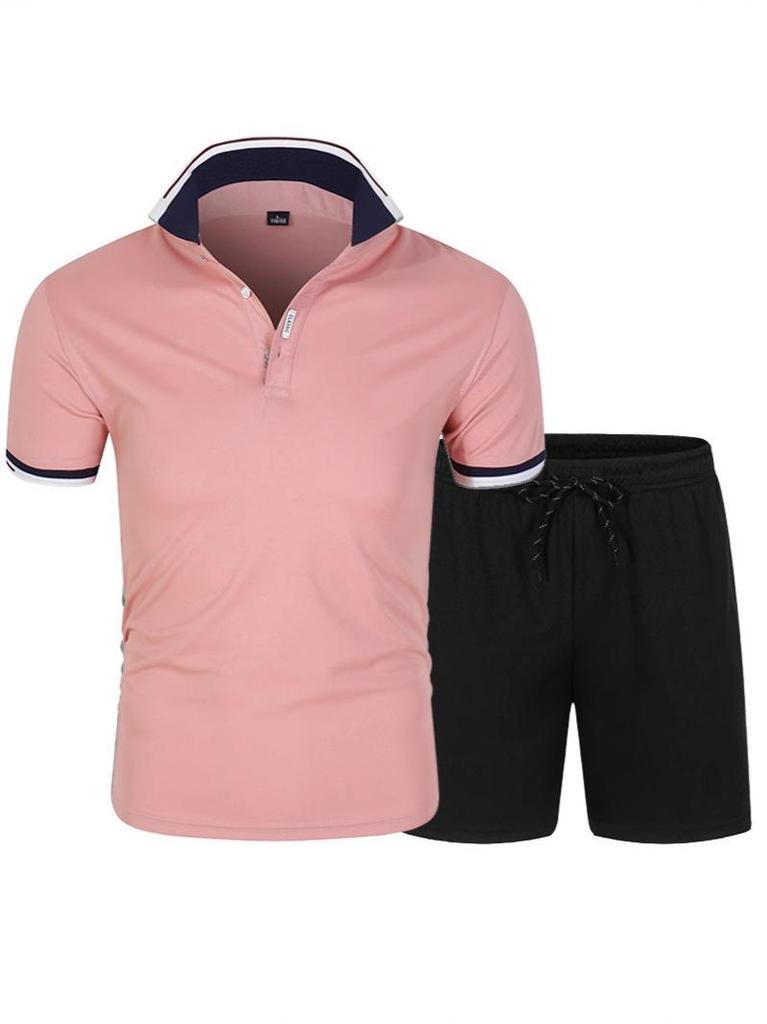 Men's Summer Short Sleeve Polo Shirt & Shorts Set - Fashion Lapel Color Contrast Casual Sportswear