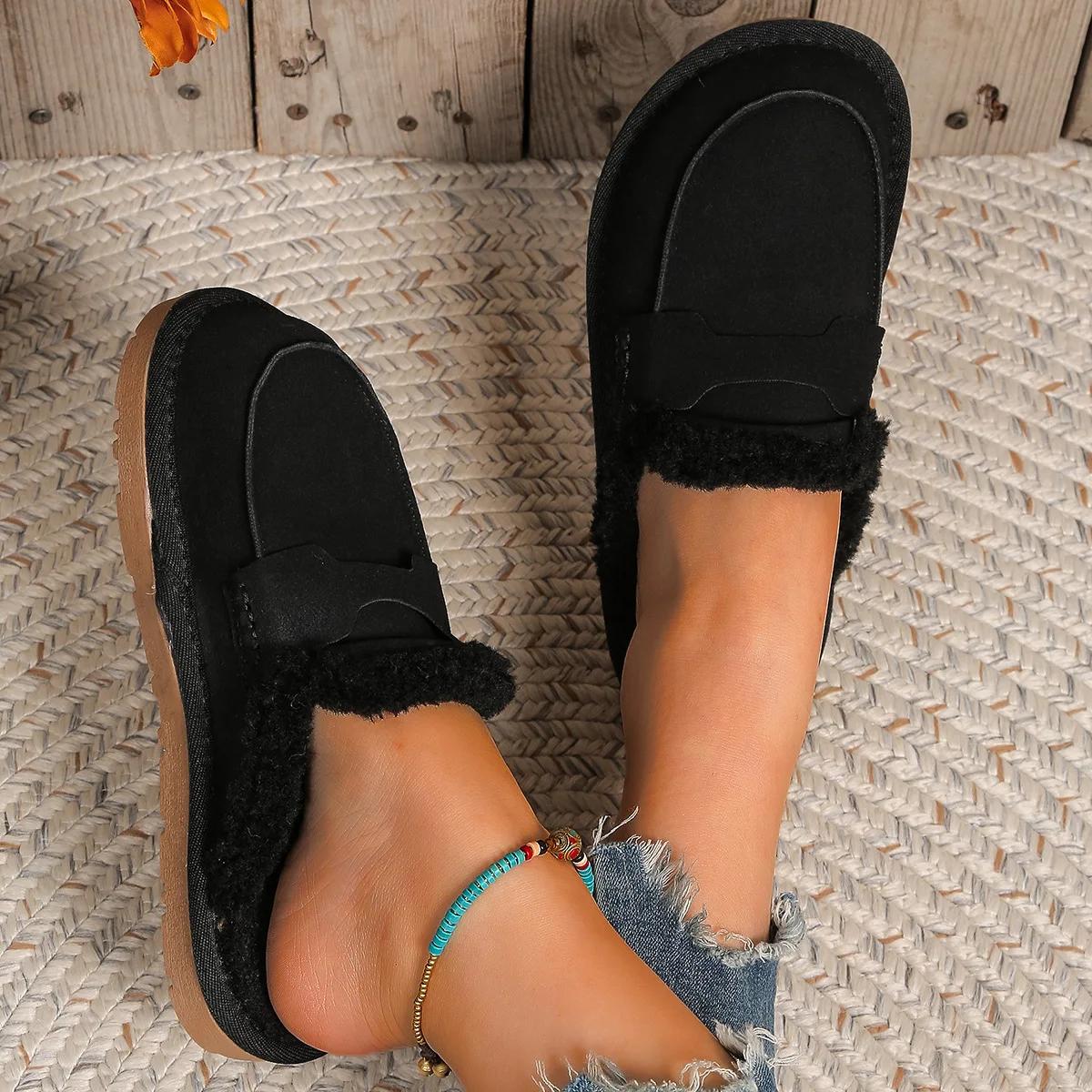 

Warm Mules Slippers Women 2024 New Plush Thickened Comfortable Indoor Outdoor Solid Cotton Shoes Fashion Casual Shoes 2024 38 чорний