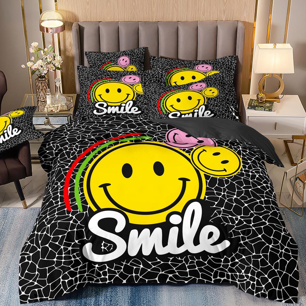 Smiling Face Graffiti Bedding Set Themed Colorful Print Microfiber Student Dormitory Bed Sheet Duvet Cover Kid Gift Home Textile
