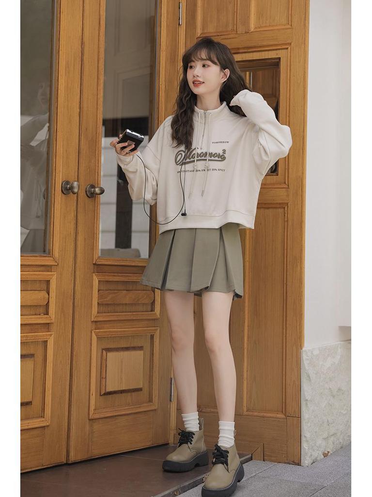 Europäischer Stil Übergröße High Waist Sweatshirt für Damen - 2025 Frühling/Herbst Kollektion: Lockere Passform, Schlankmachend, Stehkragen, Kurzes Oberteil