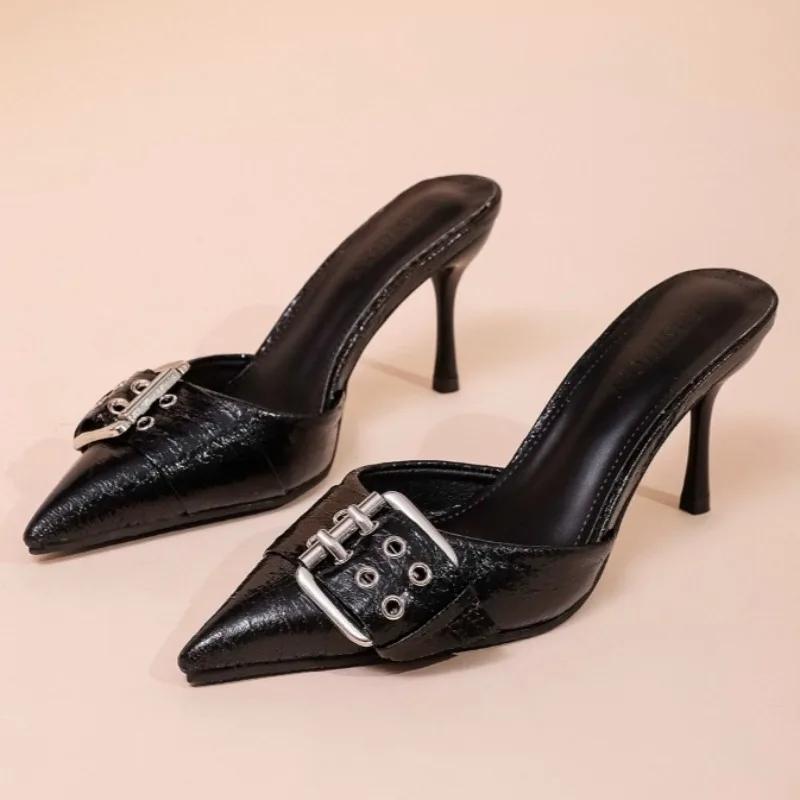 

Fashion 2025Spring Stiletto Sandals Women Fashion Pointed Head Shallow Mouth Rivet Buckle Set Foot Anti-slip Wear-resistant 35 чёрный