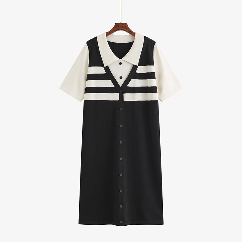 

Плюс Размер Женщин Поло Воротник Контраст Цвет Поддельные Два Тонких Трикотажных Платья XXXL чёрный