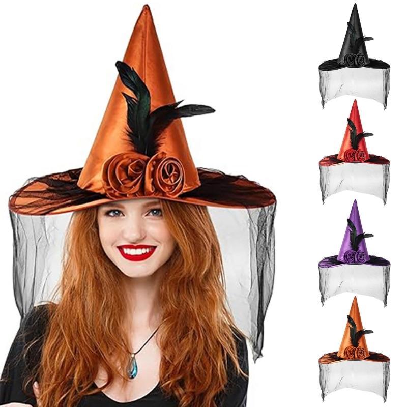Trend Teen Witch Hat with Black Veil Applique Fashion Adult Teen Flower Witch Hat Halloween Carnivals Cosplay Hat