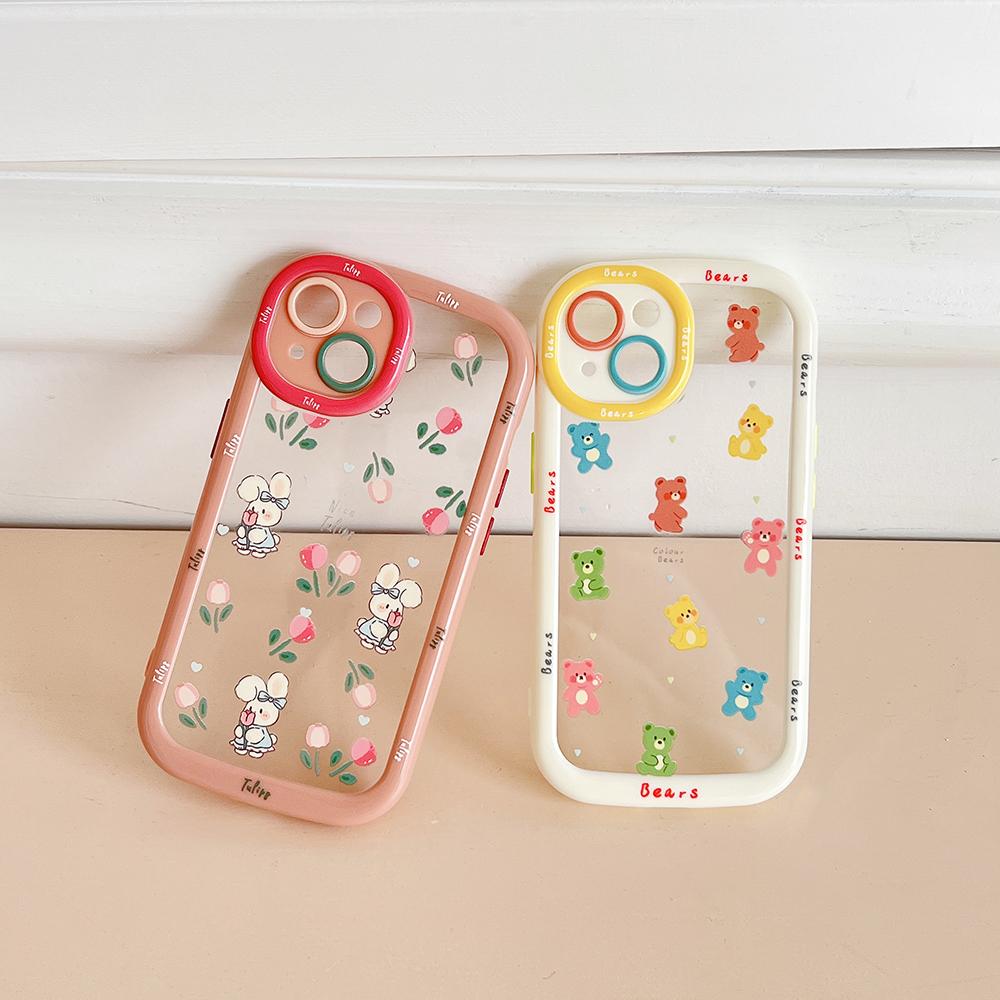 Cute Rabbit Cartoon Bear Shockproof Bumper Flower Phone Cases For Iphone 14 11 12 13 Pro Max Soft Transparent Back Cover Case