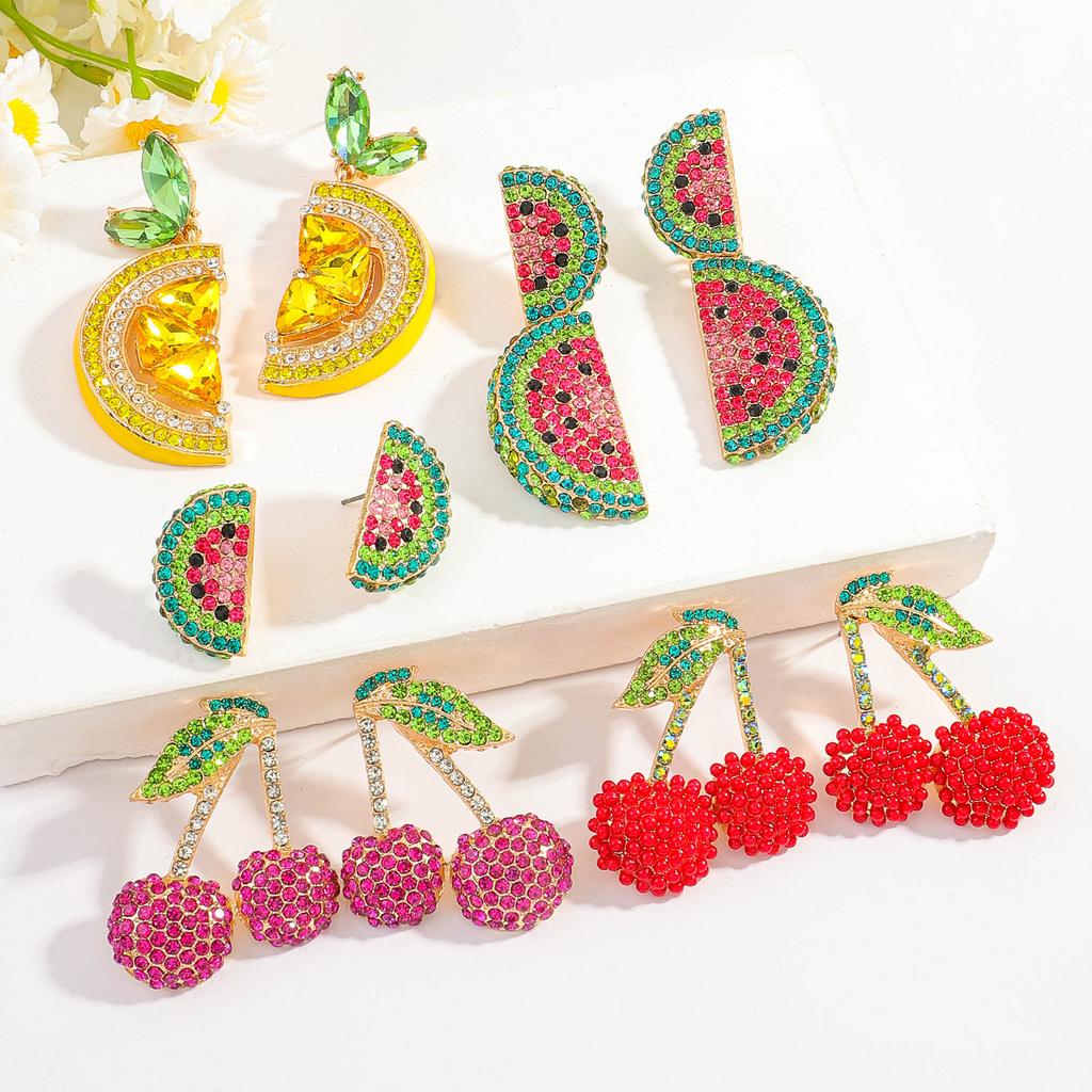 Creative fruit set diamond stud earrings cherry lemon watermelon shape earrings exaggerated fashion earrings