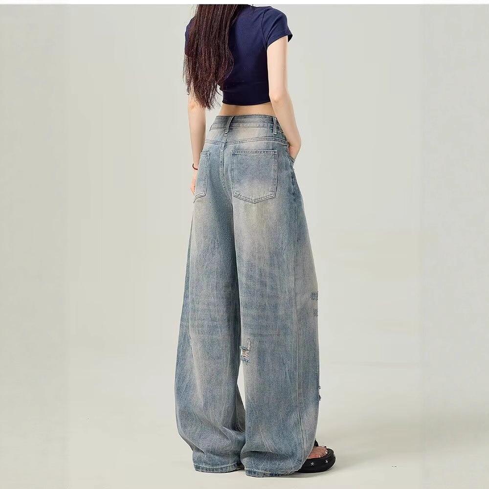 Light Blue High-Waist Distressed Wide-Leg Jeans for Women