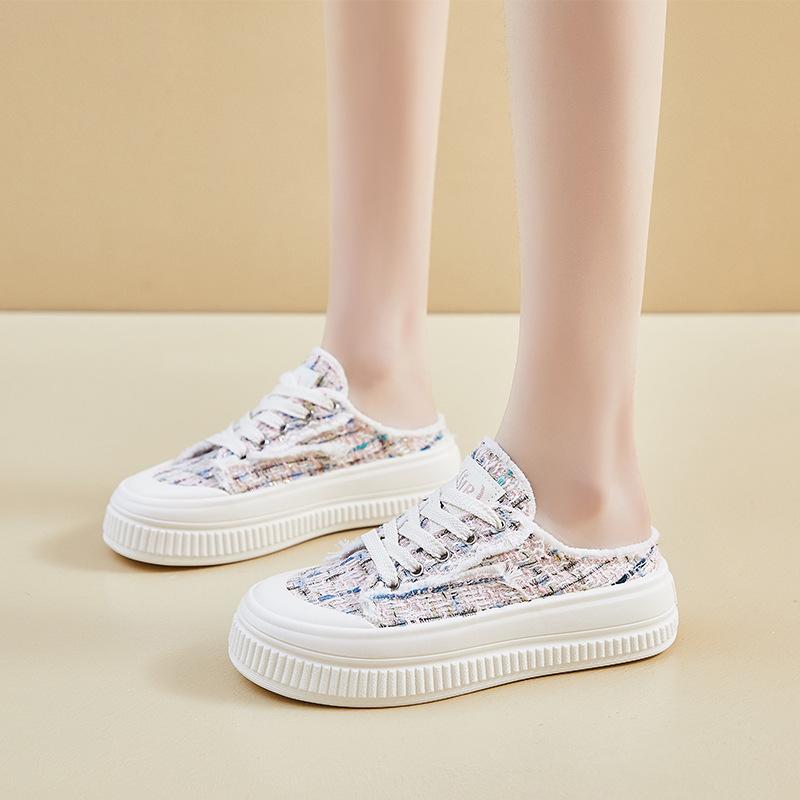 Summer outer wear bag head half slippers women's 2025 new lazy Korean version thick-soled cool slippers muffin-soled canvas shoes