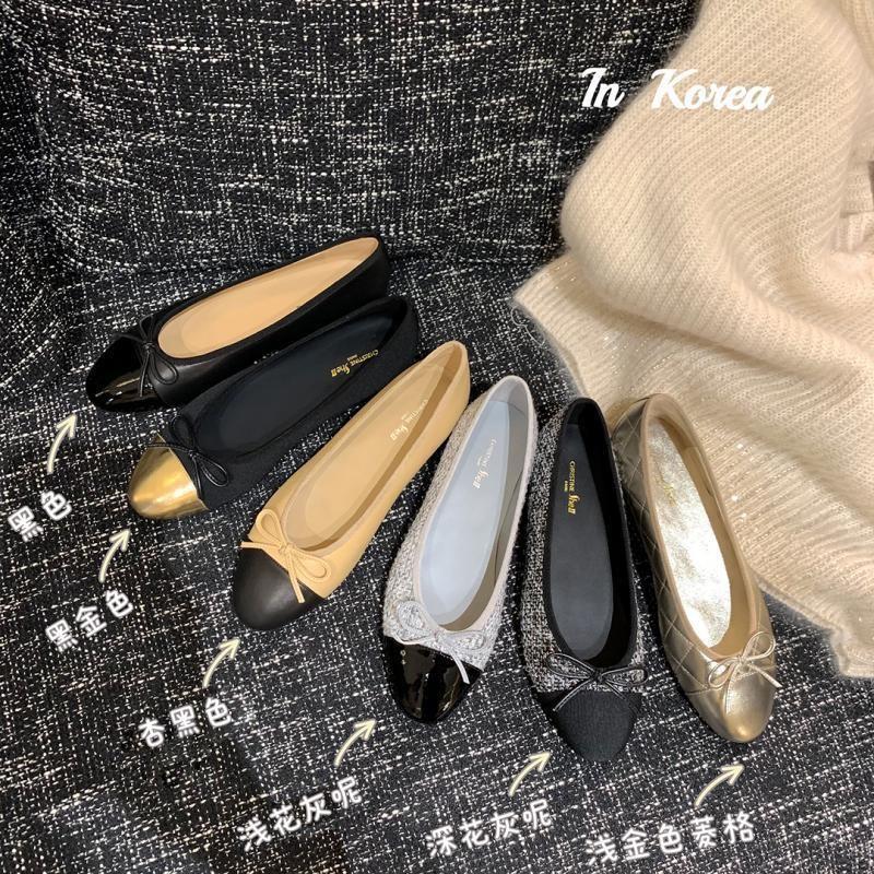 Flat bottomed single shoe women's shallow mouth round toe French bow color blocked ballet women's shoes