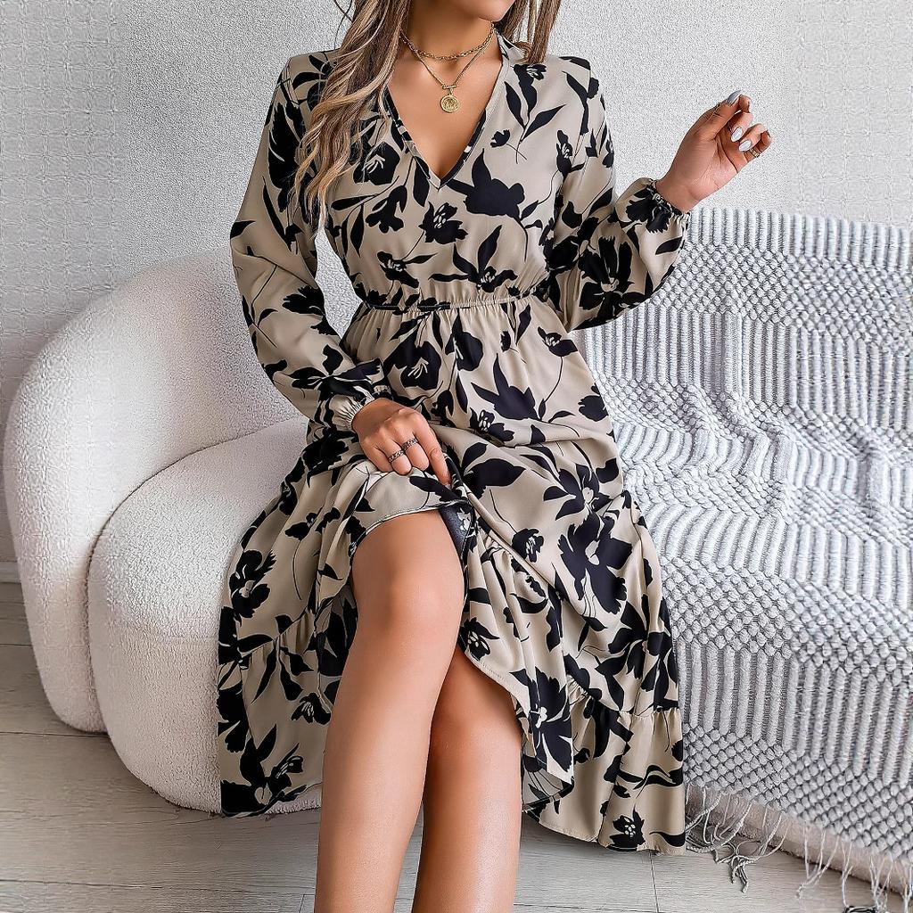 GMXIA Vestido casual de otoño e invierno con forma de flor que ciñe la cintura, manga larga con volantes, para mujer