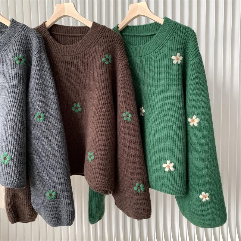 Γυναικείο Ρετρό Κεντημένο Φλοράλ Πουλόβερ για Φθινόπωρο και Χειμώνα, Χαλαρό και Άνετο Στυλ, Υψηλής Ποιότητας Κορεατικό Πλεκτό