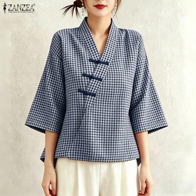 Blusa Casual da Donna con Stampa a Griglia, Scollo a V, Manica Corta, Vestibilità Larga