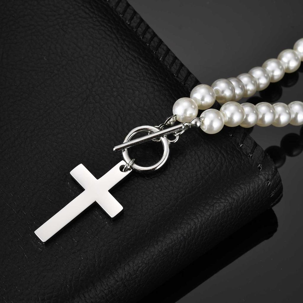 Vnox Stainless Steel Cross Pendant Necklace for Men Women, Imitation Pearl Beaded Chain Collar, Religion Faith Prayer Jewelry