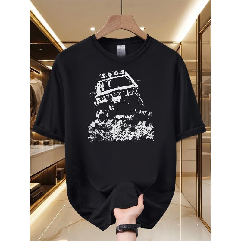 Vintage Off-Road Truck Print Oversized T-Shirt - Men's Black Streetwear Cotton Tee
