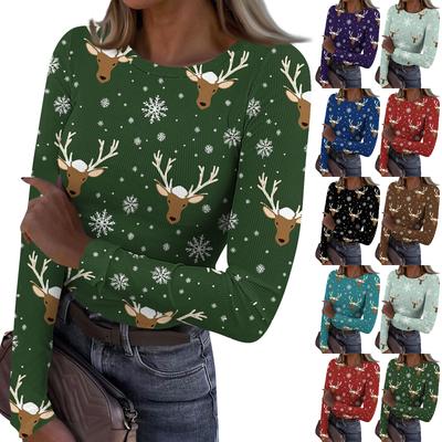 Women's Fashion Slim-Fit Round Neck Base Layer T-Shirt Christmas Print Long-Sleeved Top