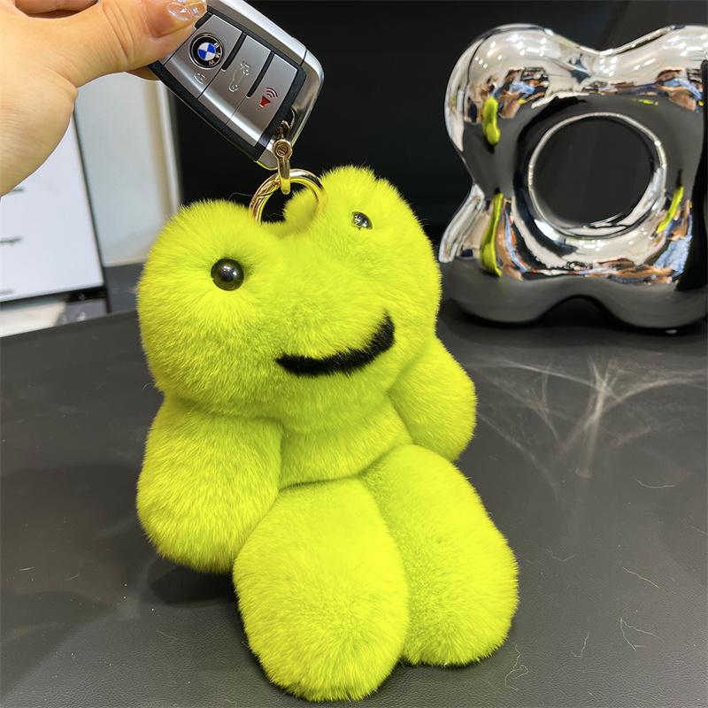 Plush Real Rex Rabbit Fur Keychain Cute Frog Toy Kids Schoolbag Pendant Women Car Key Charm Trinkets Jewelry Ring Ornaments GifT