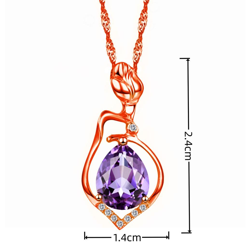Amethyst Purple and Rose Diamond Pendant Women's Necklace - Short Clavicle Chain
