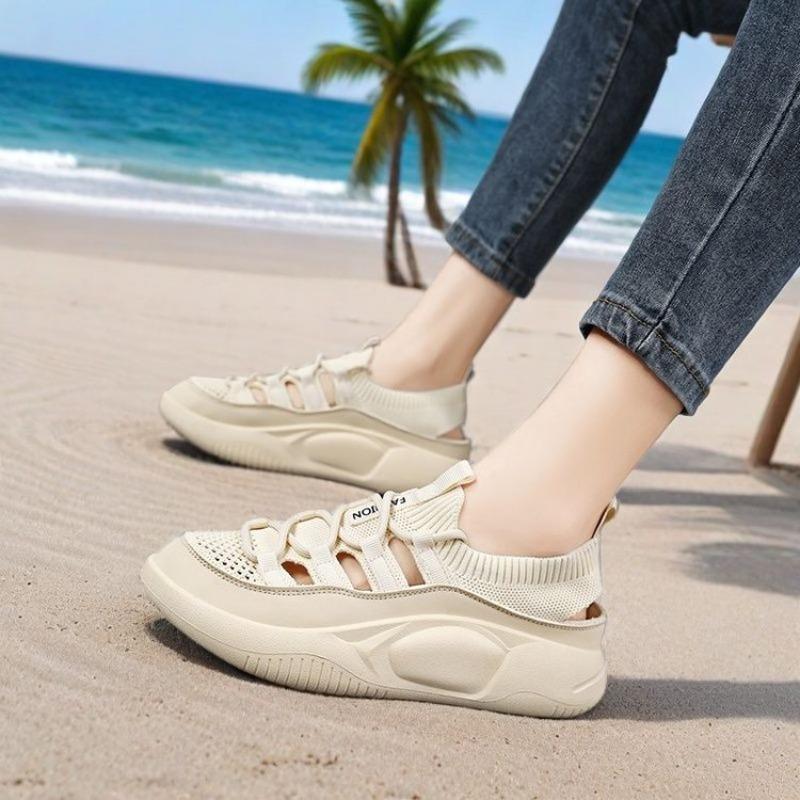 

Ретро эластичный ремень на одной педали повседневная обувь новые полые дышащие туфли женские спортивные сандалии из мушиной ткани 40 бежевый