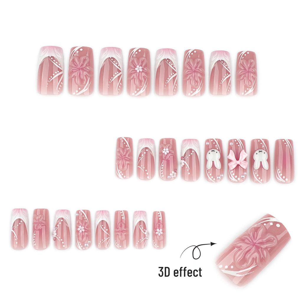 3D Blumige tragbare Nägel - Süße Kaninchen-Schleife Fake-Nagelkunst.