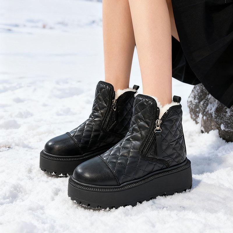 New Thickened Warm Ankle Boots, Casual Cotton Shoes, Soft Leather Flat, Anti-slip Snow Boots, Women's Shoes