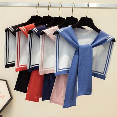 Cape d'épaule en tricot de laine rayée bleu collège coréen Châle chaud noué Protection cou pour chambre climatisée d'été Foulard pour femme T56