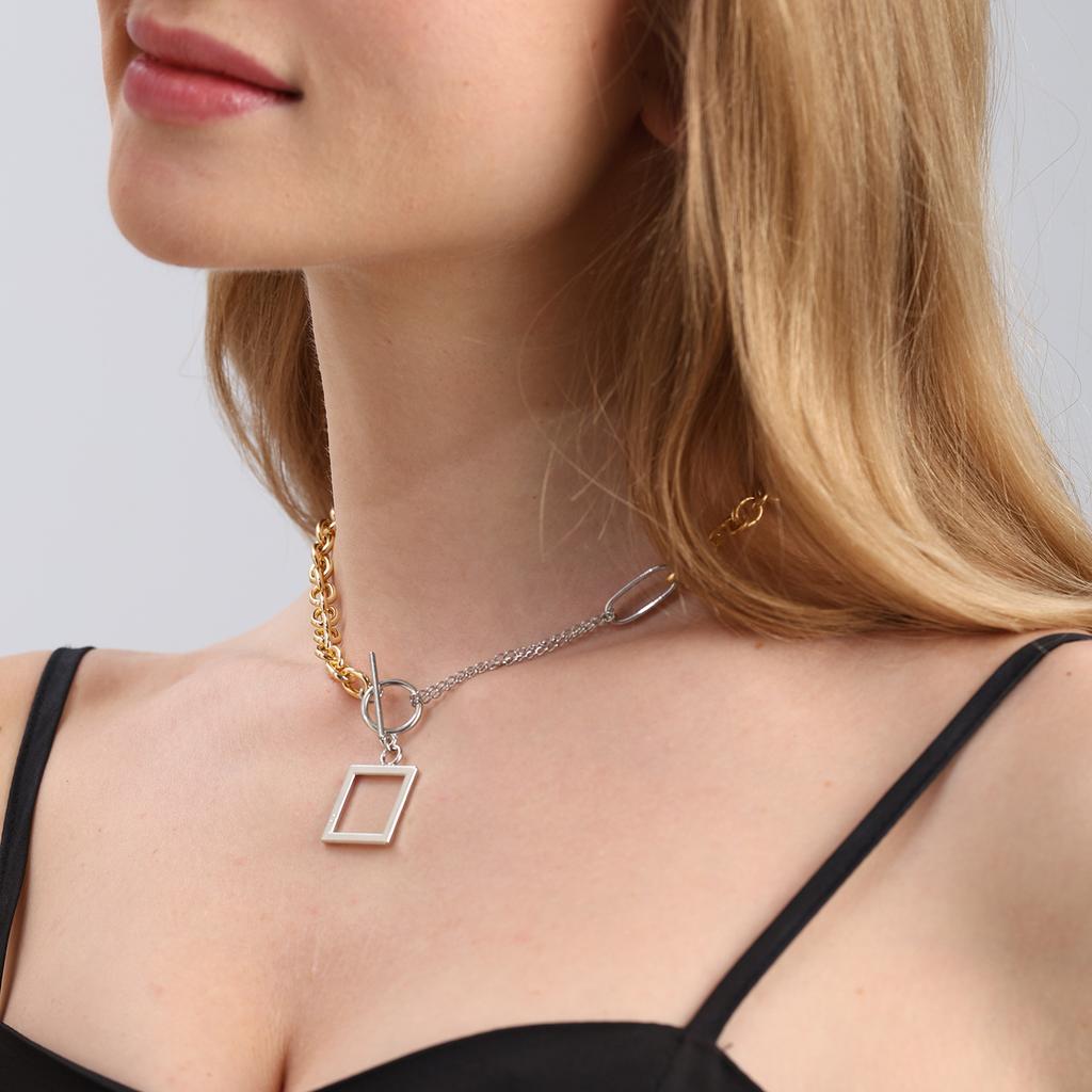Hip Hop Geometric Splicing Aluminum Chain Hollow Square Pendant Necklace Hipster Metal Necklace