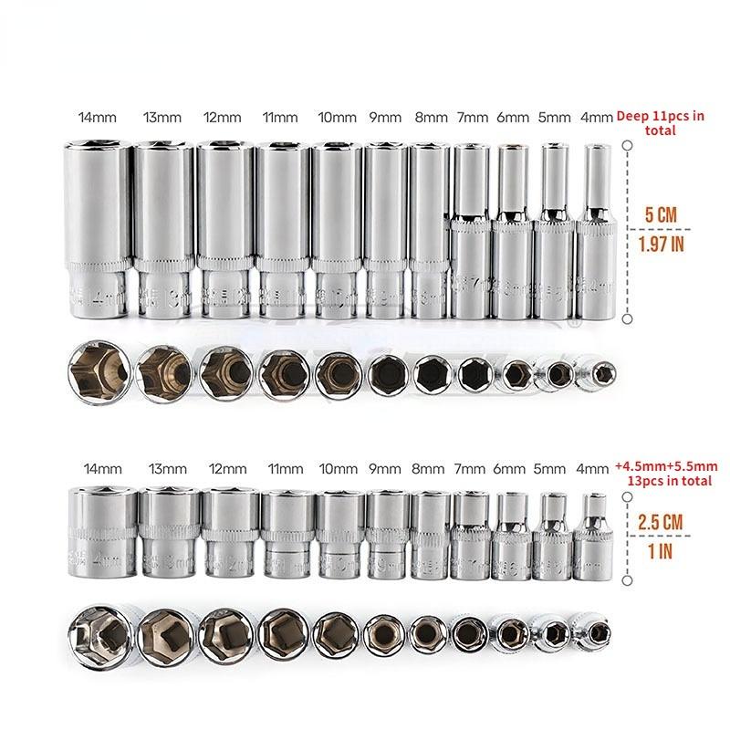 13pcs Short/11pcs Deep Hi-Spec 1/4 Socket Set Adapter Short Long Sockets 4-14mm Deep Socket Tool Heads Torque Spanner Ratchet Socket Wrench