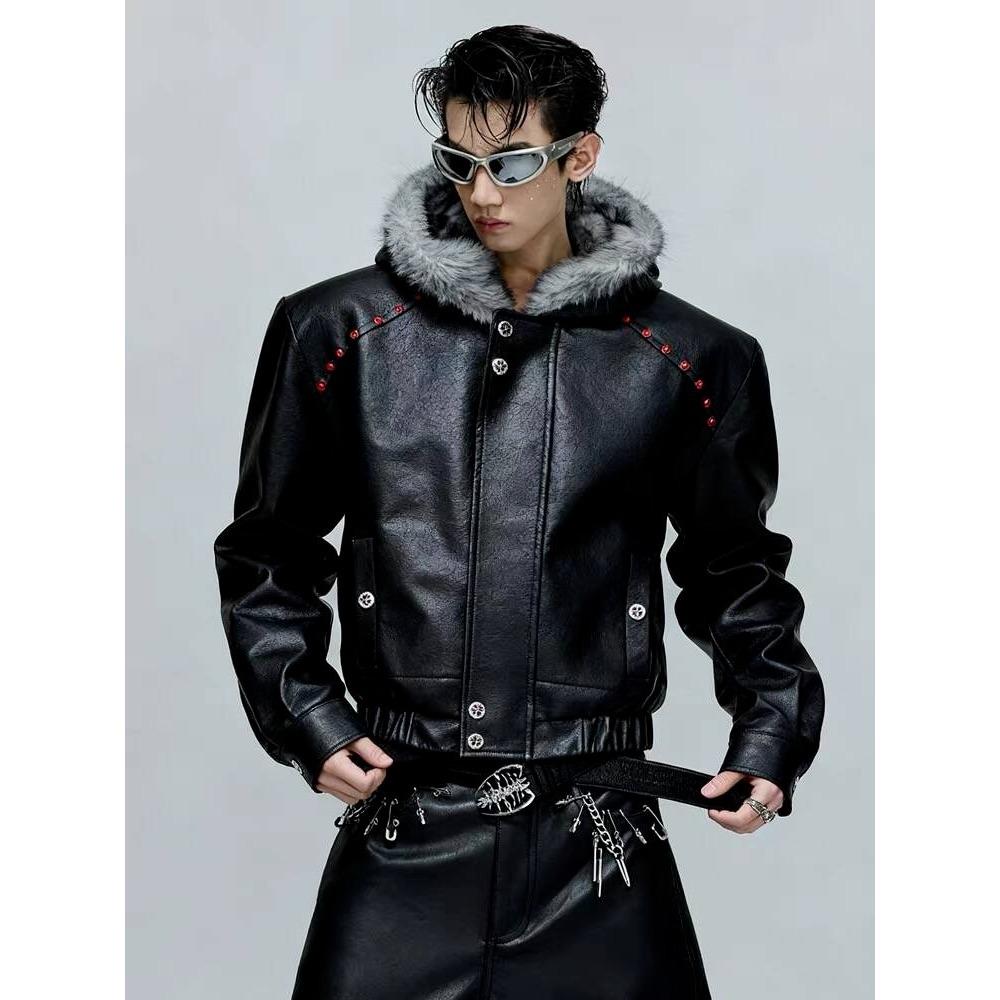 

Men s Goshawk Plus Velvet Hooded Jacket - Thickened Leather, Big Fur Collar, Winter Cotton Coat Triple Extra Large чорний