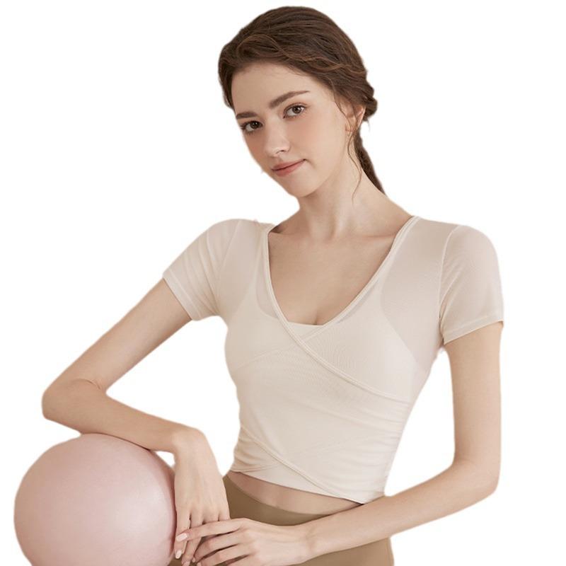 Mesh yoga clothes top women's 1011 new summer fitness clothes Pilates new short-sleeved wholesale with chest pads