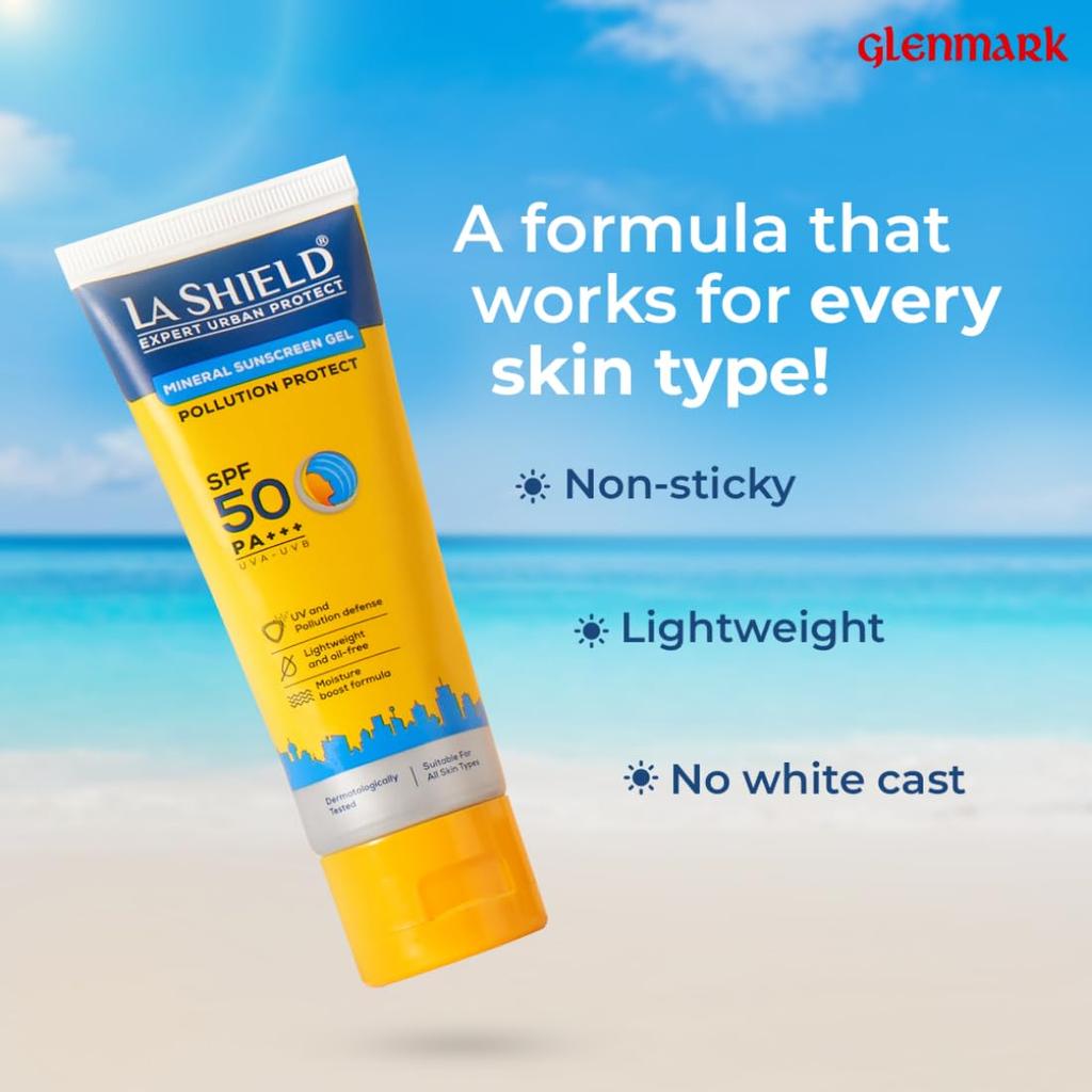La Shield Pollution Protect SPF 50 Mineral Sunscreen Gel PA+++ | Lightweight Oil Free Moisture Boost | Water Resistant Dermatologist Tested | 50g