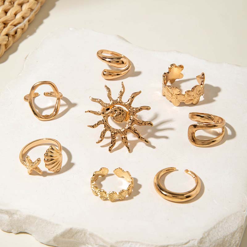8Pcs/Set Vintage Metal Flower Shell Sun Rings Set for Women Punk Gold Color Irregular Adjustable Knuckle Ring Jewelry Gift