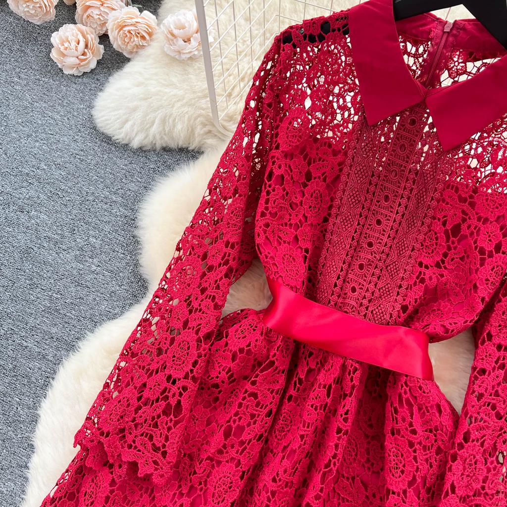 chinese dress ladies Long Sleeve Lace Maxi Dress with Satin Belt