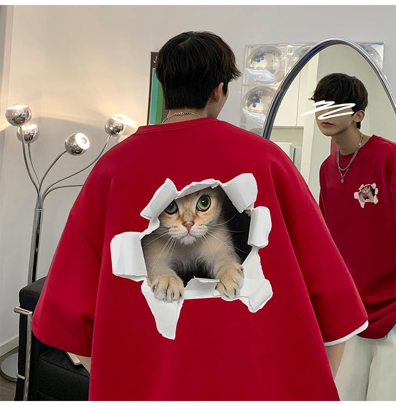 BUTMYJ Summer Cat Print Cute and Funny 3D Cat with a Lively Cat Back Plus Round Street Loose Solid Short Sleeves Men's T-Shirt, T-Shirt Print, Sizes,