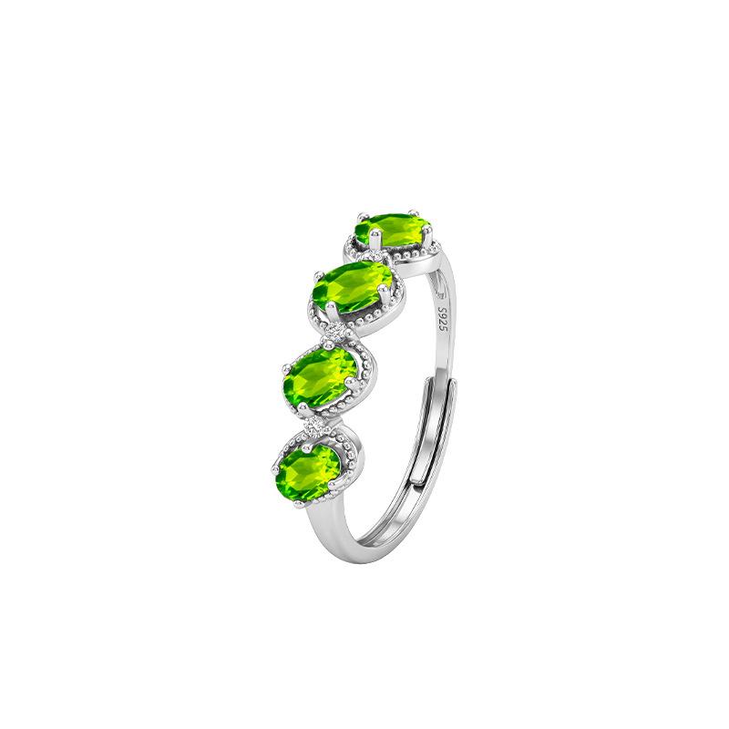 Korean Version Ins Wind S925 Silver Treasure Ring Natural Garnet Crystal Stone Row Inlaid with Versatile Girlfriend Open Ring