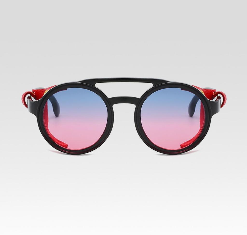 [Frog Flag] Round Sunglasses, Leather Shade, Windproof, Retro, Steampunk, Gothic, Bike (Red)