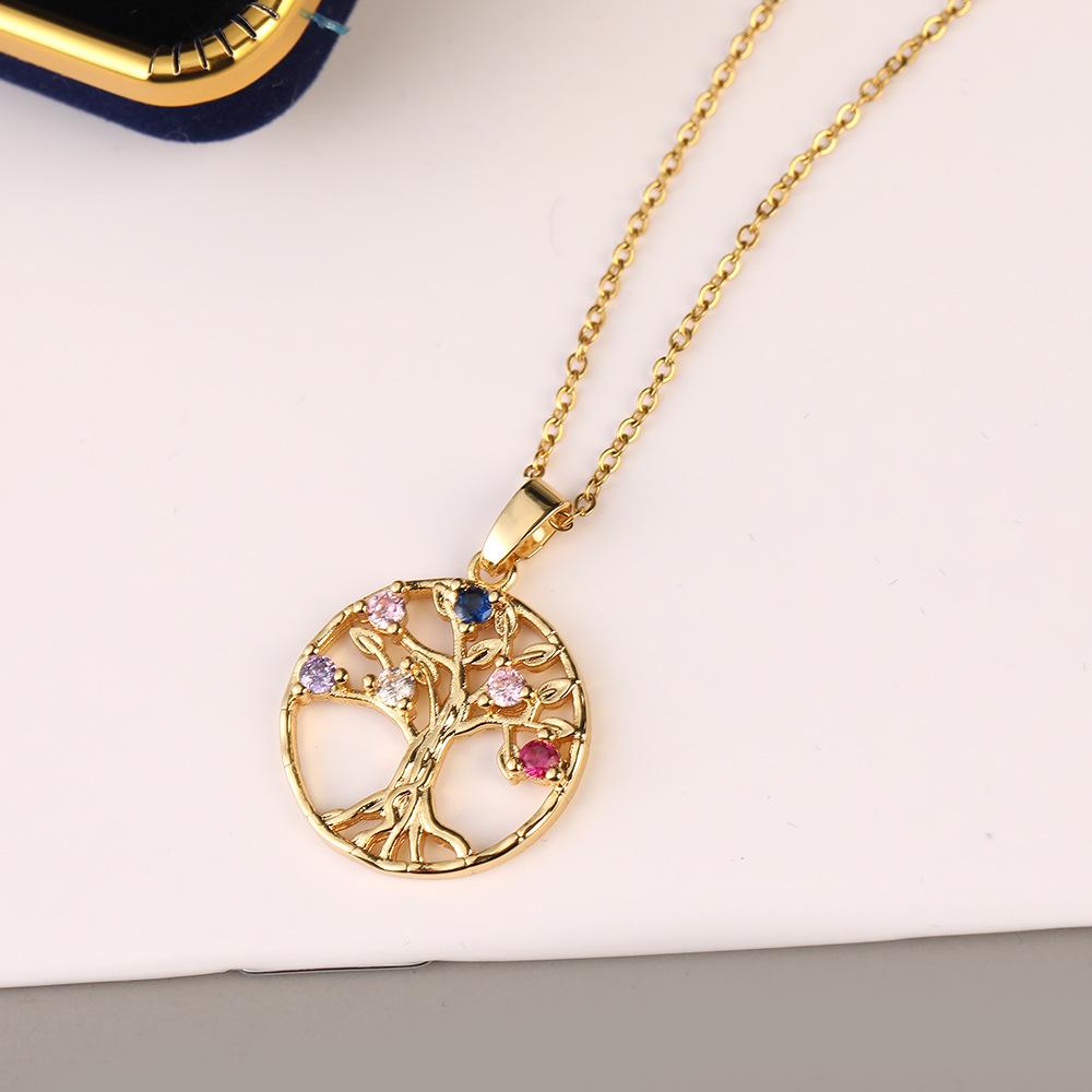 Colorful Zircon Hollow Heart Shape Tree of Life Pendant Necklace with Tassel Design Women's Jewelry