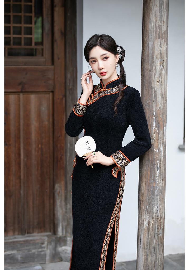 Chenier Cheongsam Thickened Large Size Dress Improved Chinese Style Daily Wear Winter Mother Long Sleeves Autumn and Winter