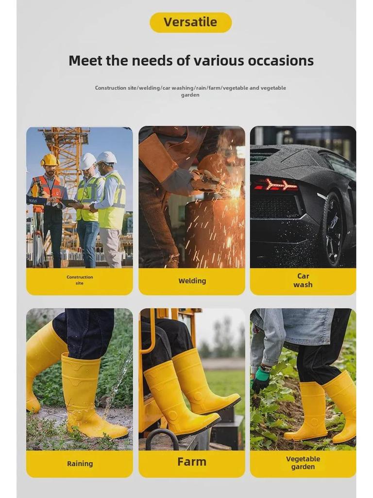 Men's Yellow Rain Boots: Mid To High Tube, Steel Toe, Anti-Smash, Anti-Puncture, Acid and Oil Resistant.