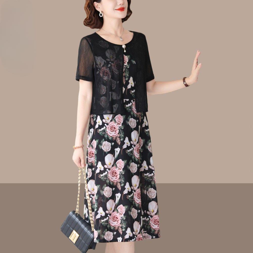 Elegantní letní šaty s krátkým rukávem pro ženy Móda pro střední věk Zeštíhlující Falešné dvoudílné Šaty pro matku