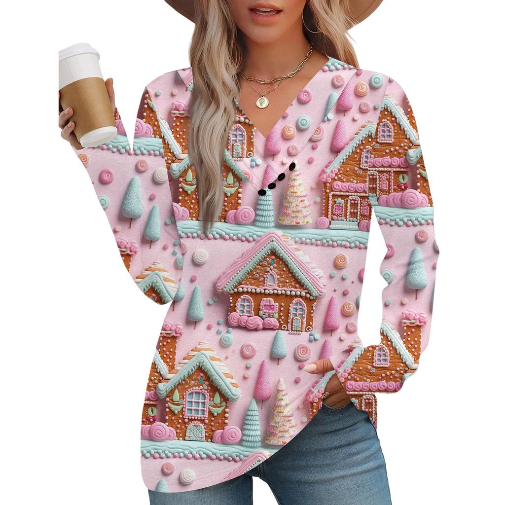 Women's Fashion Casual V-neck Pleated Christmas Long Sleeve Top