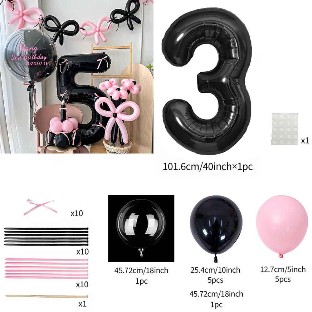 45 Pieces Pink Latex Balloon Black Number Balloon Set Pink Butterfly Birthday Party, Anniversary Decoration (0-9)