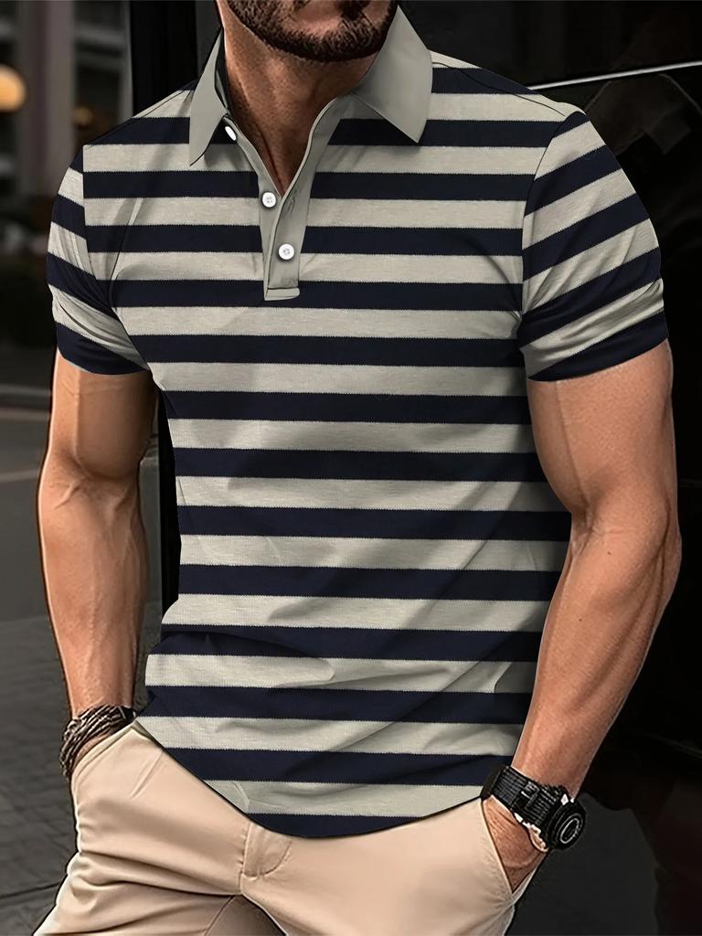 Men's Summer Short Clothes Sleeved Lapel 3D Digital Printed Striped Polo Shirt Men's Fashion Business Casual Top Clothes