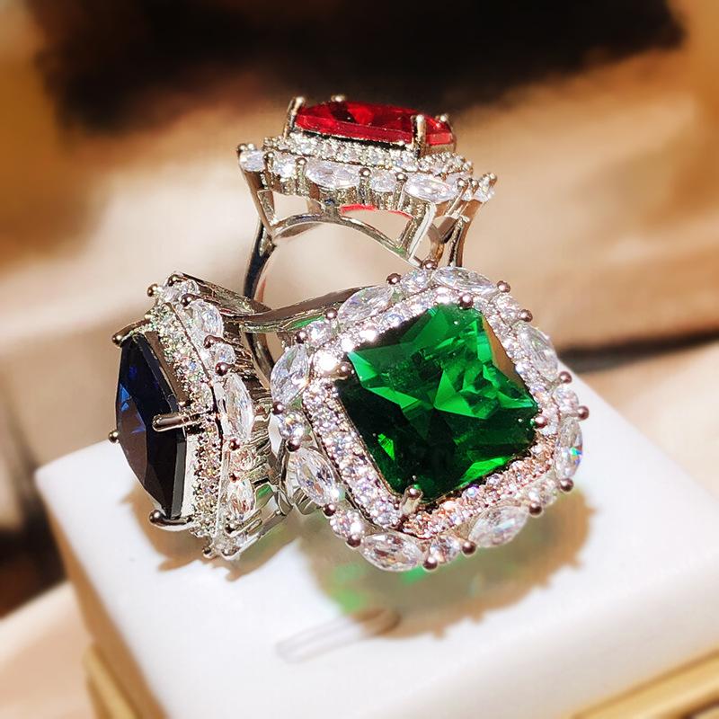 CopperNew Luxury Set Princess Square Diamond Opening Ring Women's Fashion Tanzanite Sapphire Engagement Ring