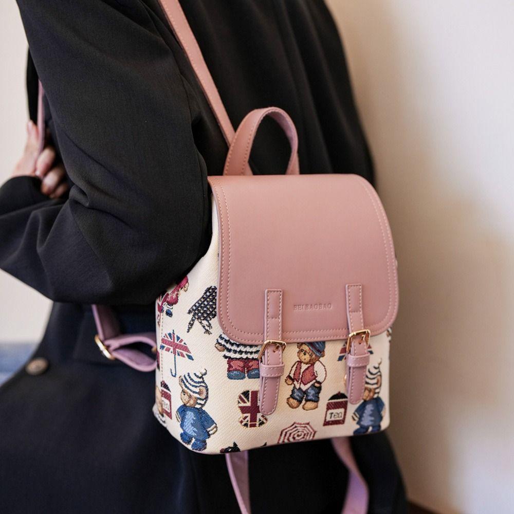 Fashion PU Leather Women's Backpack Zipper Cute Shoulder Bag Little Bear Large Capacity Travel Rucksack