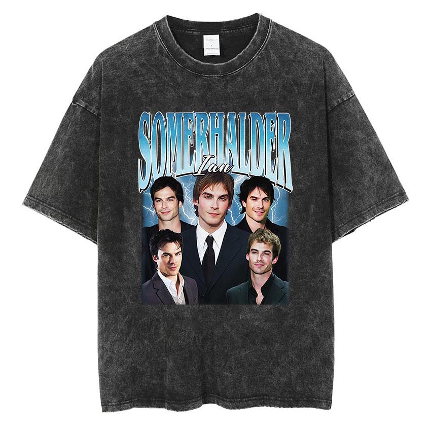 Damon Salvatore Grafica Vintage Lavata Maglietta Uomo Donna Abbigliamento Moda Harajuku T-Shirt Larga Oversize Manica Corta Magliette