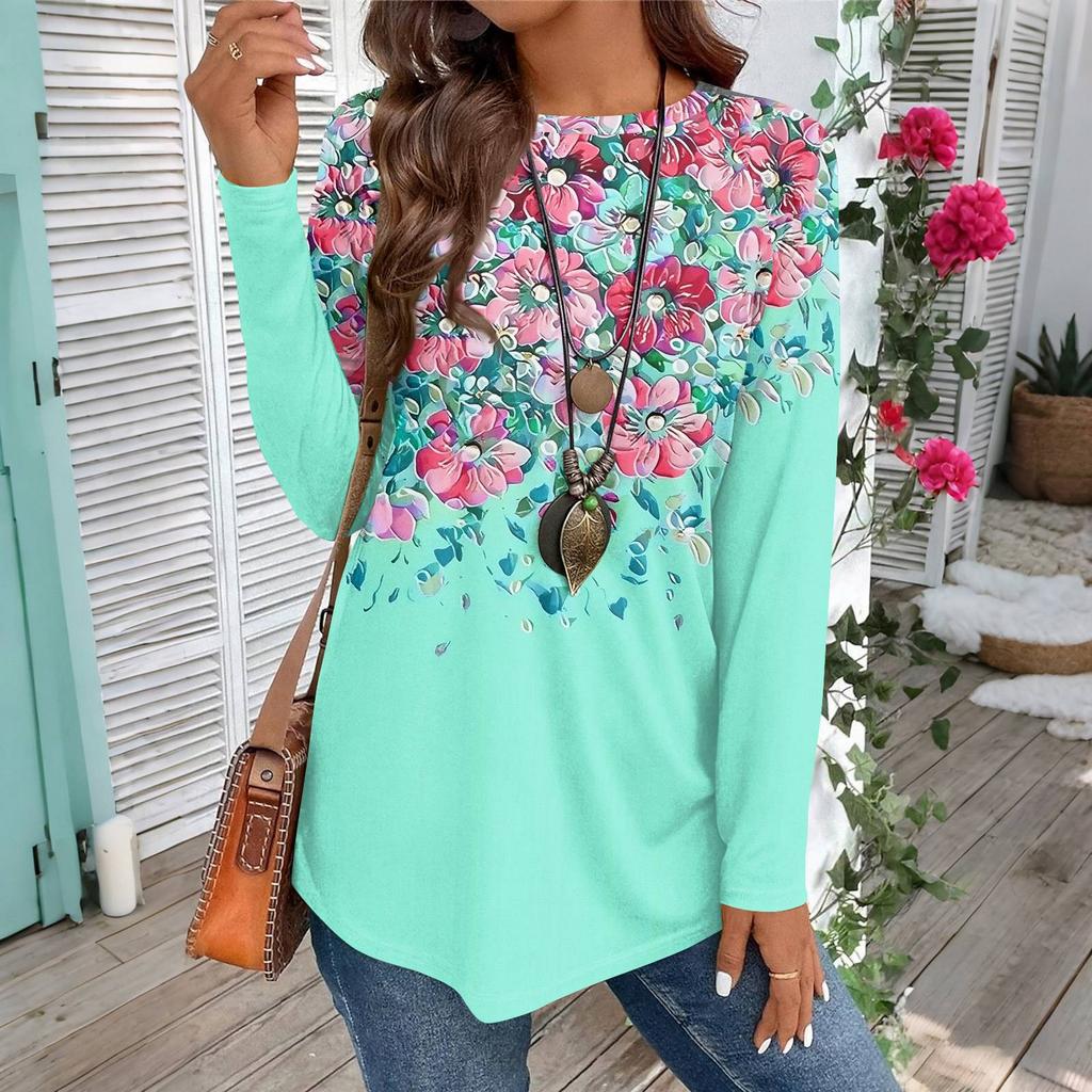 Women's Casual Plus SizeLong Sleeved Round Neck Vintage Ethnic Printing T-shirt Top Pullover