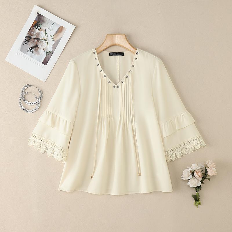 ZANZEA Women Casual V-Neck 3/4 Sleeve Loose Lace Patchwork Blouse