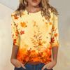 Women's Fashion 3/4 Sleeve Round Neck Top with Maple Leaf Print for Casual Wear