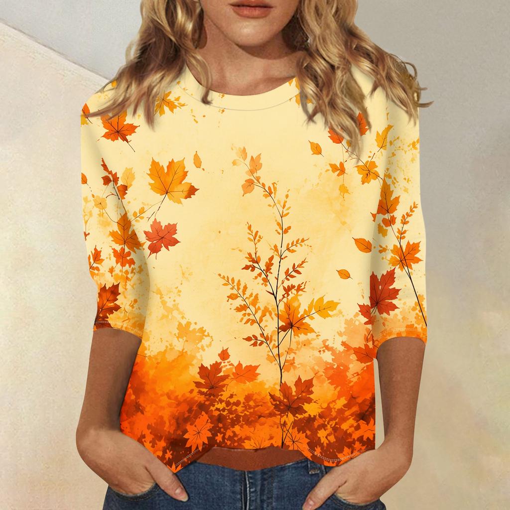 Women's Fashion 3/4 Sleeve Round Neck Top with Maple Leaf Print for Casual Wear